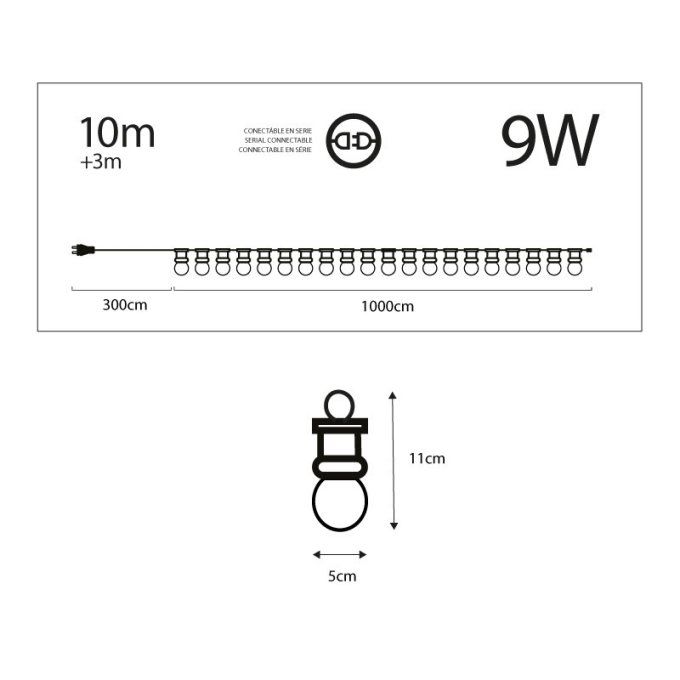 Guirlande Led 10m 20 ampoules Blanc Chaud 9W