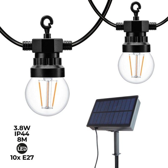 Guirlande solaire LED 8 mètres avec batterie et 10 ampoules intégrées